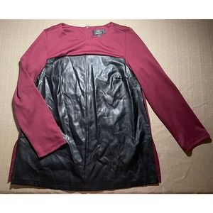 Dennis Basso Women’s Large L Long Sleeve Top Faux Leather Maroon Red Blouse Zip